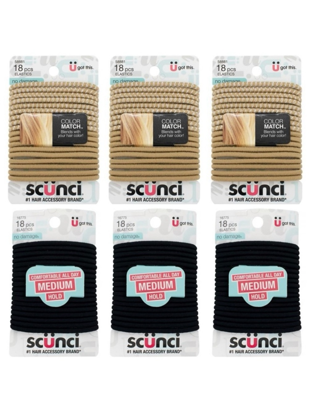 3 Scunci No-Damage Color Match Elastics Woven & Blonde 3 Medium-Hold Black 18 ct